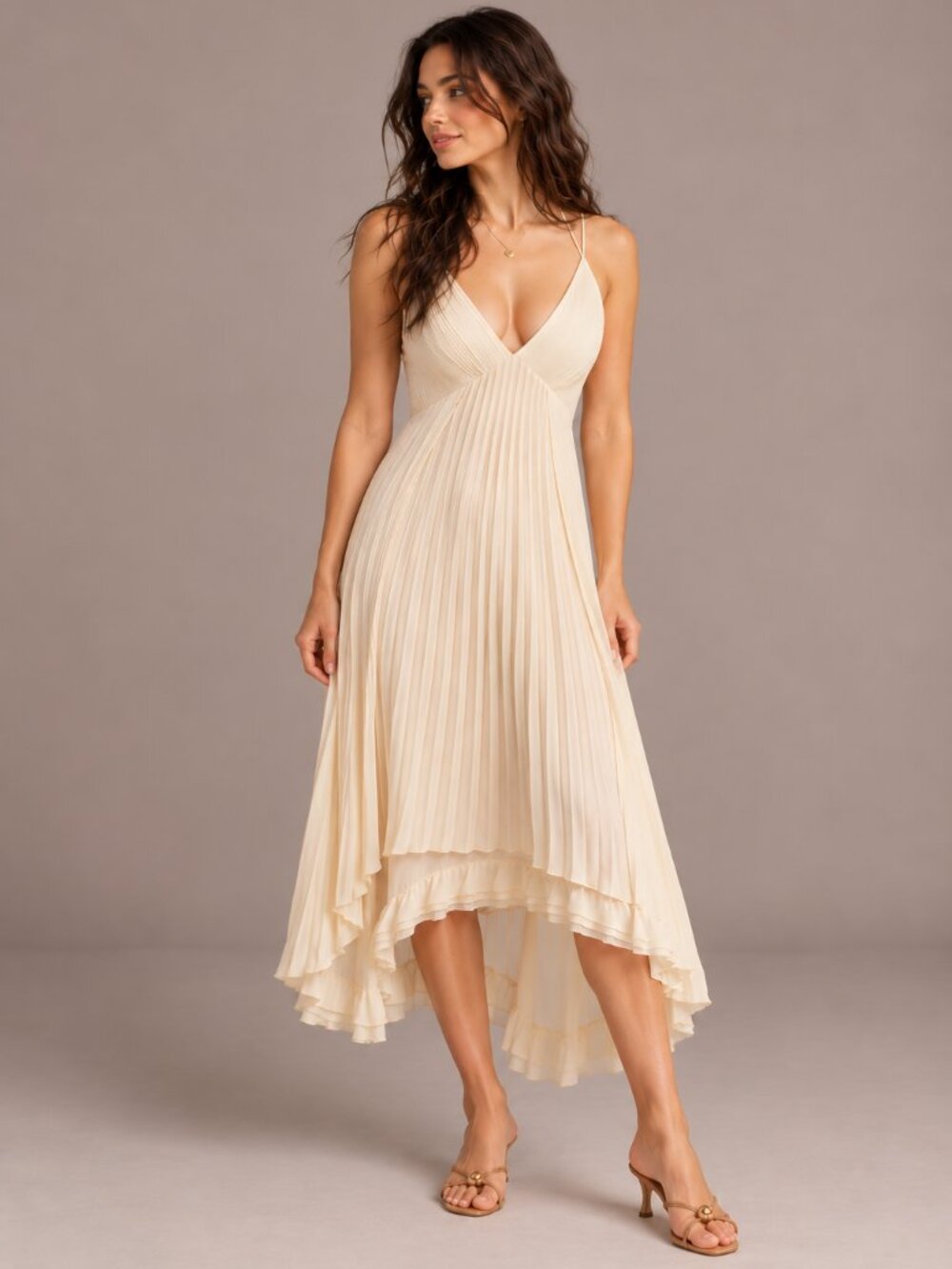 NWT V-Neck Layered Pleated Midi Dress